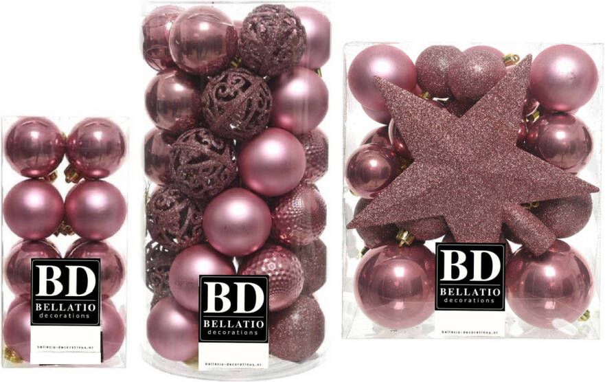 Bellatio Decorations 55x stuks kunststof kerstballen met ster piek oudroze (velvet pink) mix Kerstbal