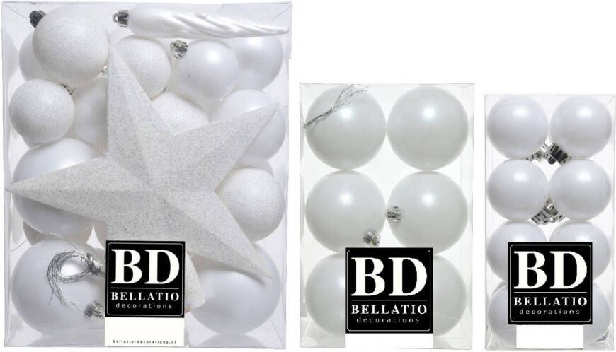 Bellatio Decorations 55x stuks kunststof kerstballen met ster piek wit mix Kerstbal