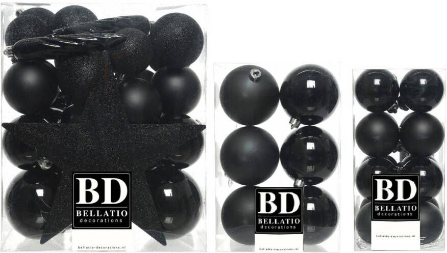 Bellatio Decorations 55x stuks kunststof kerstballen met ster piek zwart mix Kerstbal