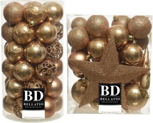 Bellatio Decorations 70x stuks kunststof kerstballen met ster piek camel bruin 5-6-8 cm mix Kerstbal