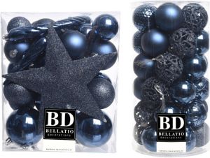 Bellatio Decorations 70x stuks kunststof kerstballen met ster piek donkerblauw 5 6 en 8 cm Kerstbal