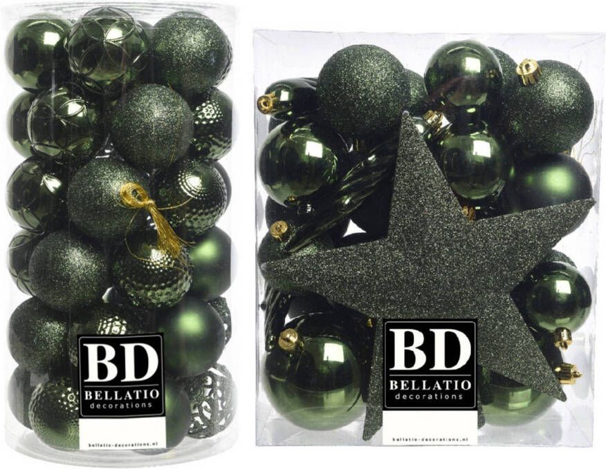 Bellatio Decorations 70x stuks kunststof kerstballen met ster piek donkergroen mix Kerstbal