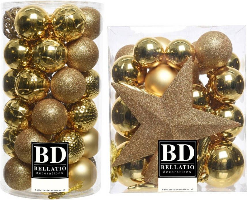 Bellatio Decorations 70x stuks kunststof kerstballen met ster piek goud mix 5 6 en 8 cm Kerstbal