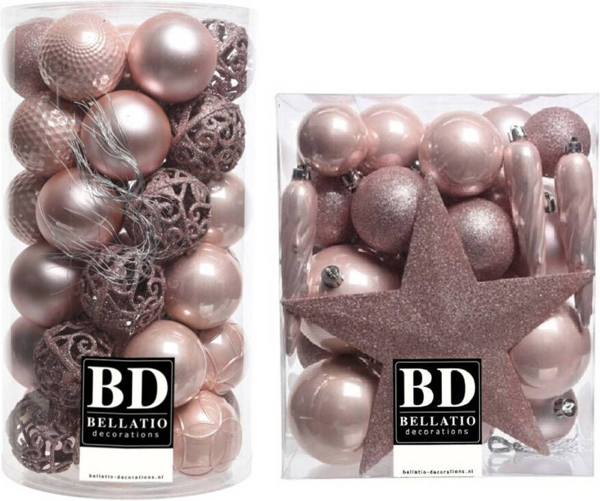 Bellatio Decorations 70x stuks kunststof kerstballen met ster piek lichtroze (blush pink) mix Kerstbal