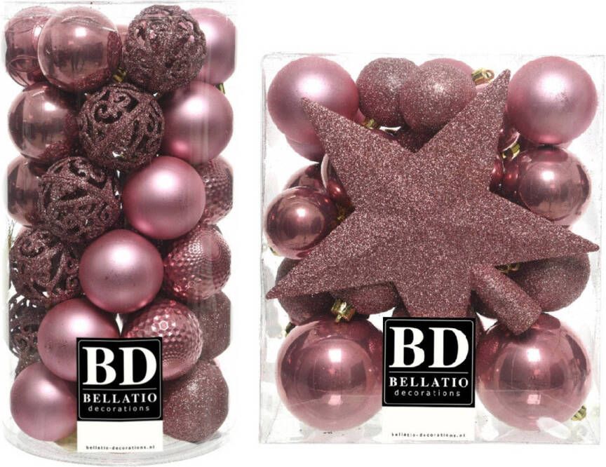Bellatio Decorations 70x stuks kunststof kerstballen met ster piek oudroze (velvet pink) mix Kerstbal