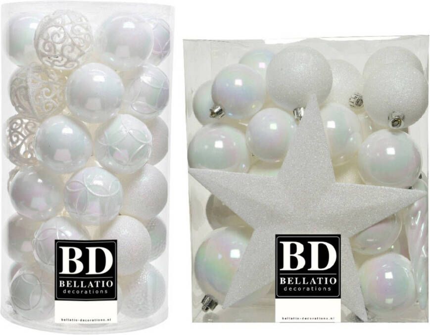 Bellatio Decorations 70x stuks kunststof kerstballen met ster piek parelmoer wit mix Kerstbal