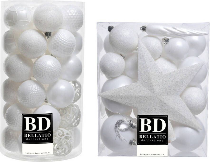 Bellatio Decorations 70x stuks kunststof kerstballen met ster piek wit mix Kerstbal