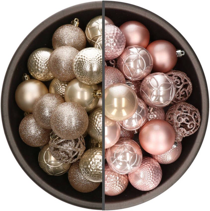 Bellatio Decorations 74x stuks kunststof kerstballen mix lichtroze en champagne 6 cm Kerstbal