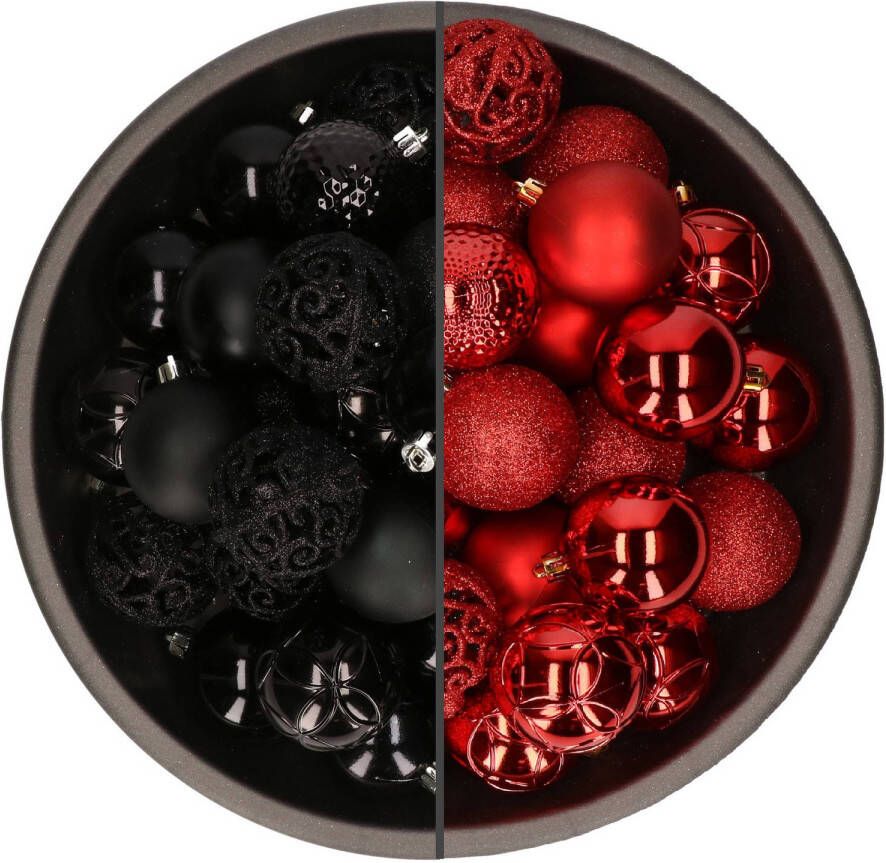 Bellatio Decorations 74x stuks kunststof kerstballen mix rood en zwart 6 cm Kerstbal