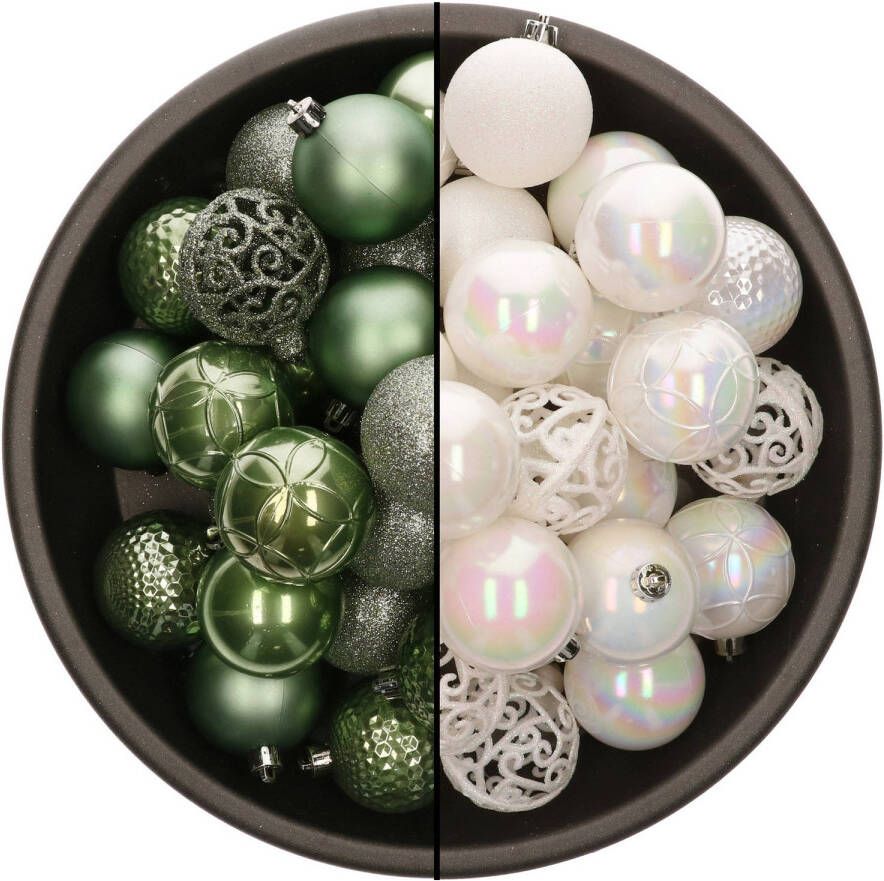 Bellatio Decorations 74x stuks kunststof kerstballen mix salie groen en parelmoer wit 6 cm Kerstbal