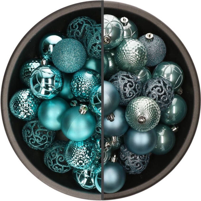 Bellatio Decorations 74x stuks kunststof kerstballen mix turquoise blauw en ijsblauw 6 cm Kerstbal