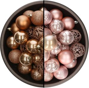 Bellatio Decorations 74x Stuks Kunststof Kerstballen Mix Van Camel Bruin En Lichtroze 6 Cm Kerstbal