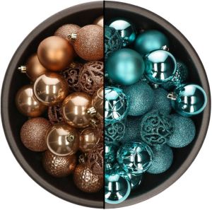 Bellatio Decorations 74x Stuks Kunststof Kerstballen Mix Van Camel Bruin En Turquoise Blauw 6 Cm Kerstbal