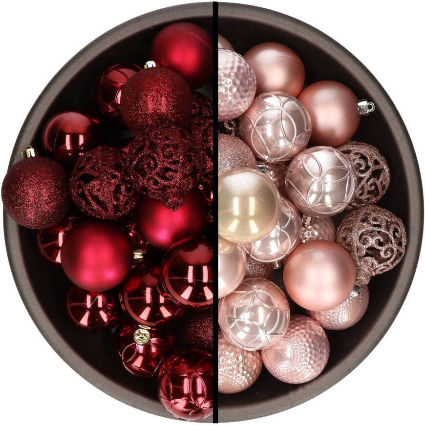 Bellatio Decorations 74x stuks kunststof kerstballen mix van donkerrood en lichtroze 6 cm Kerstbal