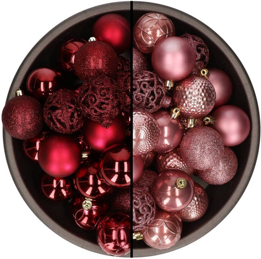 Bellatio Decorations 74x stuks kunststof kerstballen mix van donkerrood en velvet roze 6 cm Kerstbal