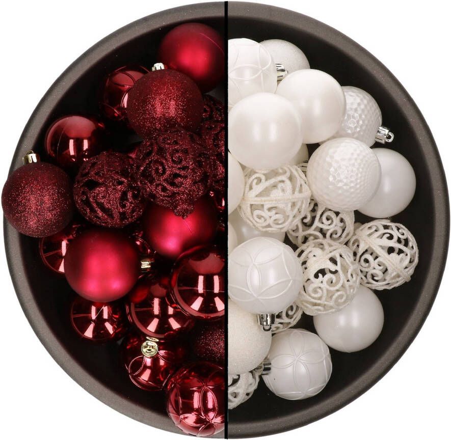 Bellatio Decorations 74x stuks kunststof kerstballen mix van donkerrood en wit 6 cm Kerstbal