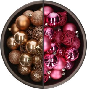 Bellatio Decorations 74x Stuks Kunststof Kerstballen Mix Van Fuchsia Roze En Camel Bruin 6 Cm Kerstbal