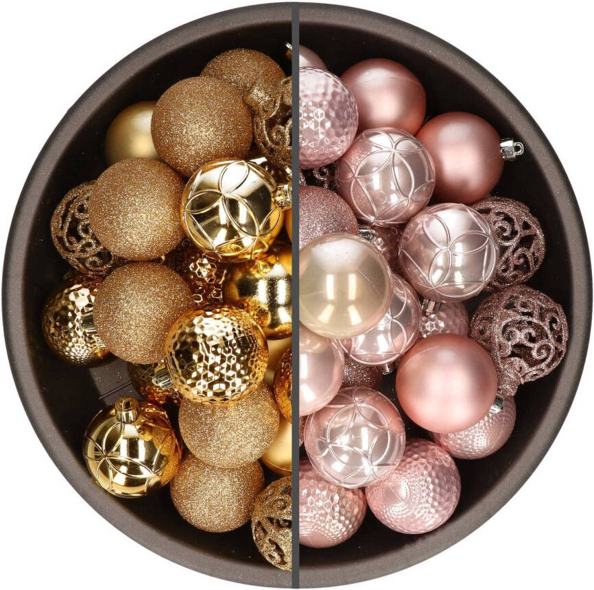 Bellatio Decorations 74x stuks kunststof kerstballen mix van goud en lichtroze 6 cm Kerstbal