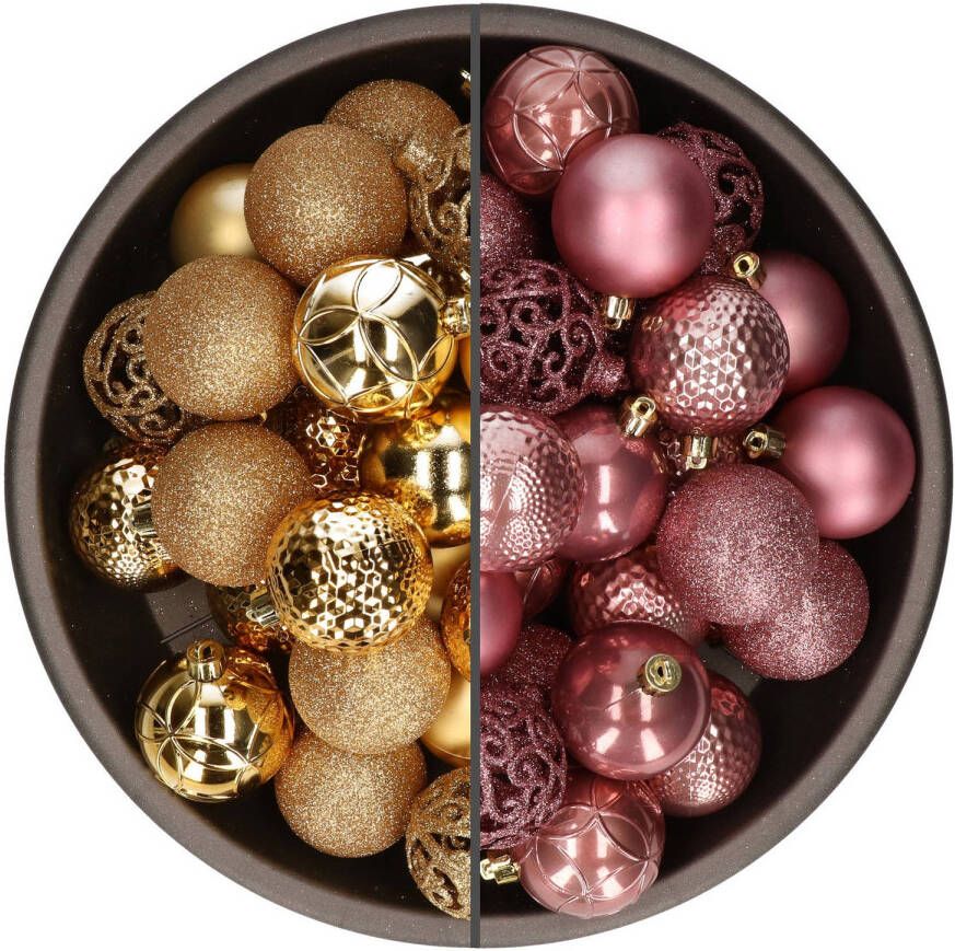 Bellatio Decorations 74x stuks kunststof kerstballen mix van goud en oudroze 6 cm Kerstbal