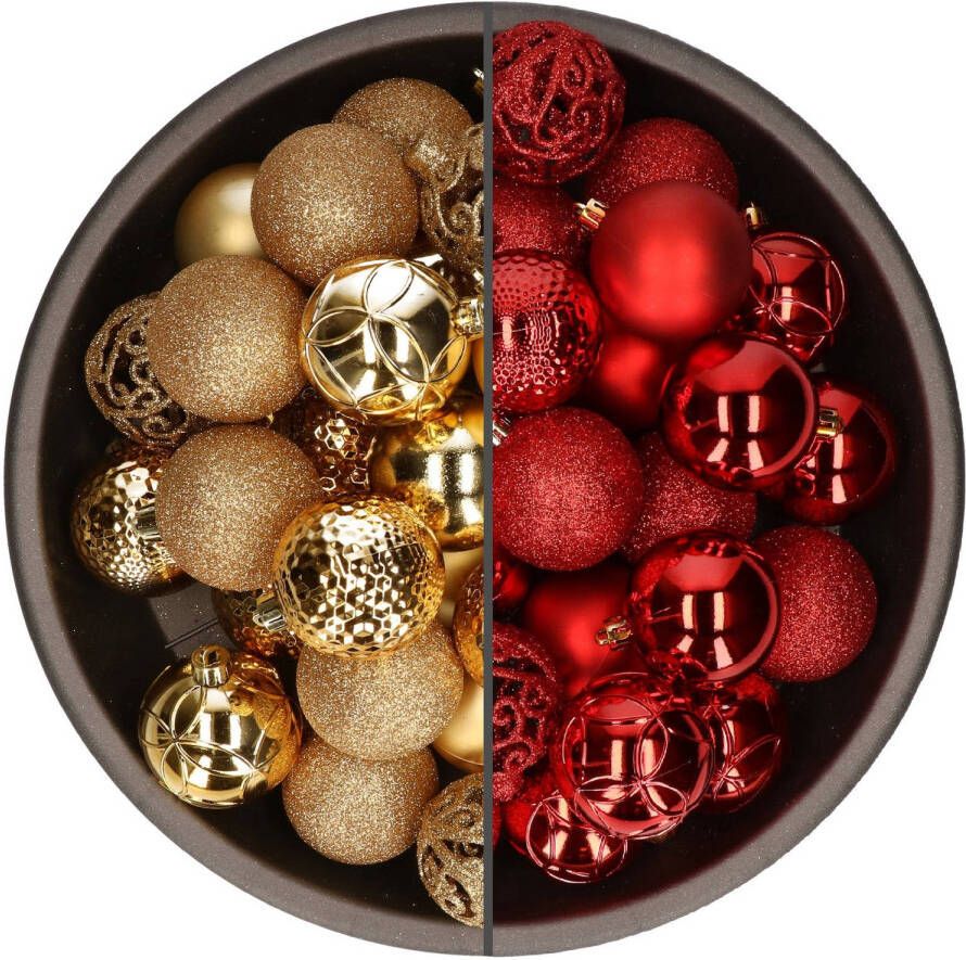 Bellatio Decorations 74x stuks kunststof kerstballen mix van goud en rood 6 cm Kerstbal