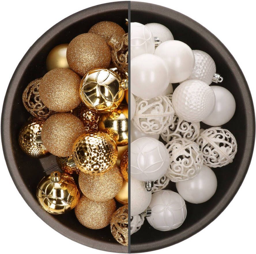 Bellatio Decorations 74x stuks kunststof kerstballen mix van goud en wit 6 cm Kerstbal