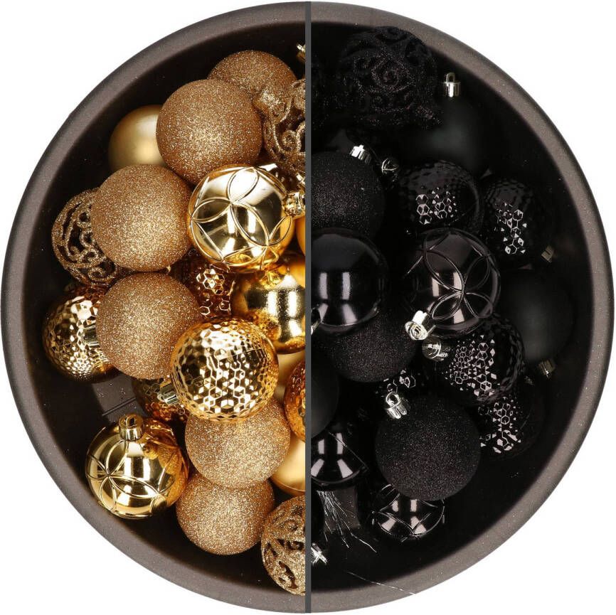 Bellatio Decorations 74x stuks kunststof kerstballen mix van goud en zwart 6 cm Kerstbal