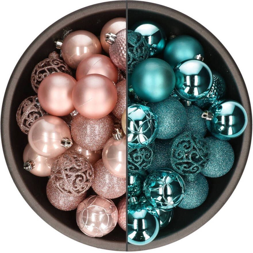 Bellatio Decorations 74x stuks kunststof kerstballen mix van lichtroze en turquoise blauw 6 cm Kerstbal