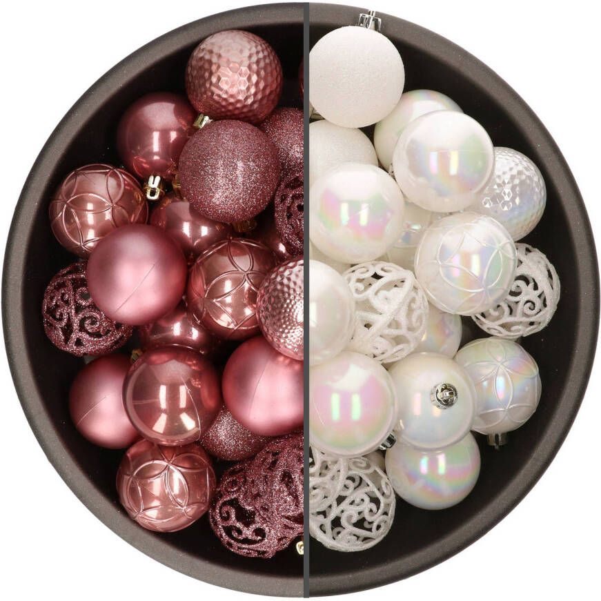 Bellatio Decorations 74x stuks kunststof kerstballen mix van parelmoer wit en oudroze 6 cm Kerstbal