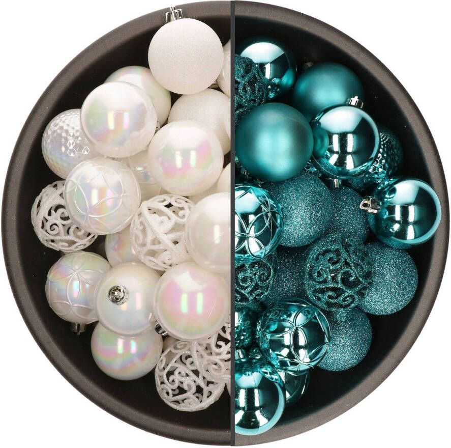 Bellatio Decorations 74x stuks kunststof kerstballen mix van parelmoer wit en turquoise blauw 6 cm Kerstbal