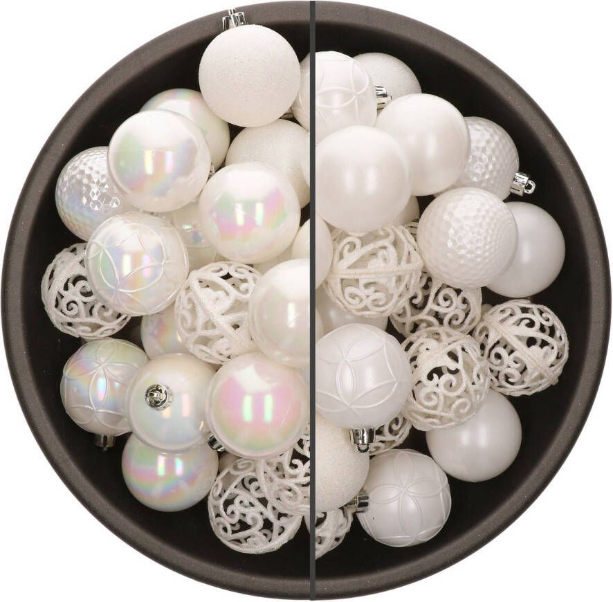 Bellatio Decorations 74x stuks kunststof kerstballen mix van parelmoer wit en wit 6 cm Kerstbal