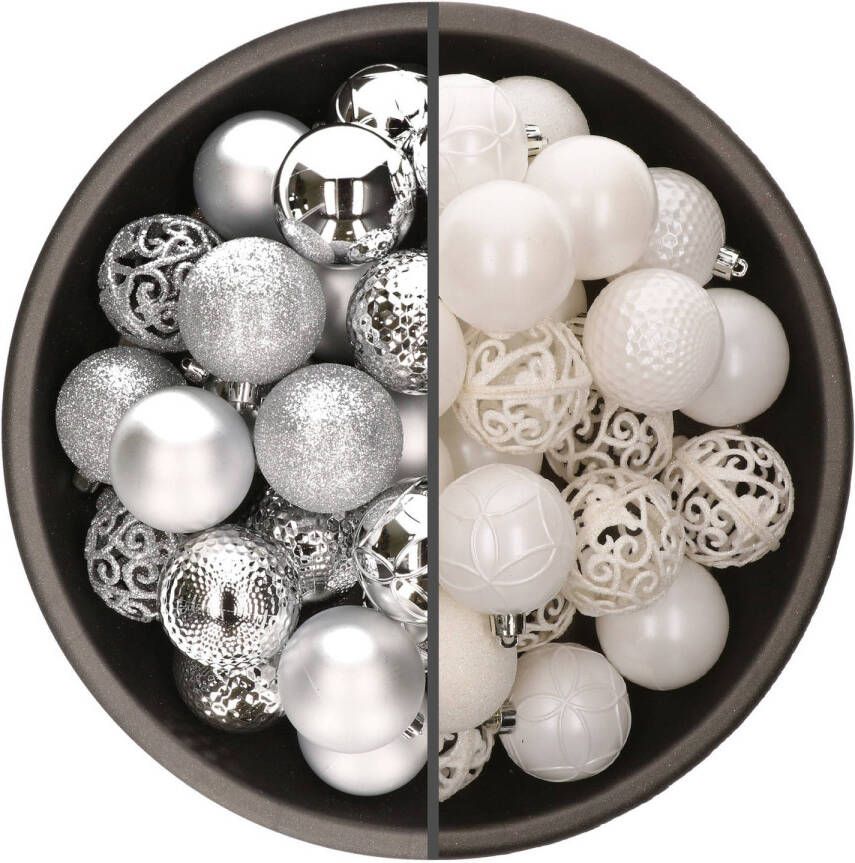 Bellatio Decorations 74x stuks kunststof kerstballen mix zilver en wit 6 cm Kerstbal