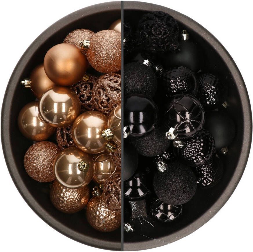 Bellatio Decorations 74x stuks kunststof kerstballen mix zwart en camel bruin 6 cm Kerstbal