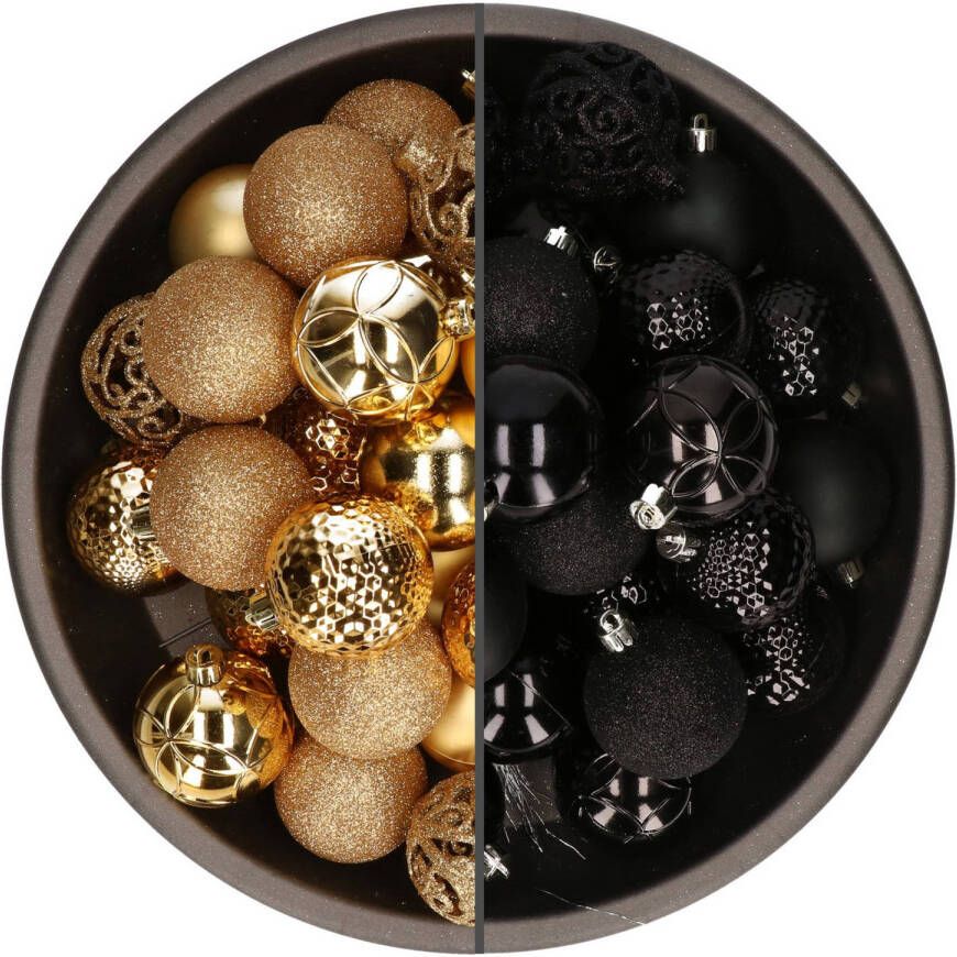 Bellatio Decorations 74x stuks kunststof kerstballen mix zwart en goud 6 cm Kerstbal