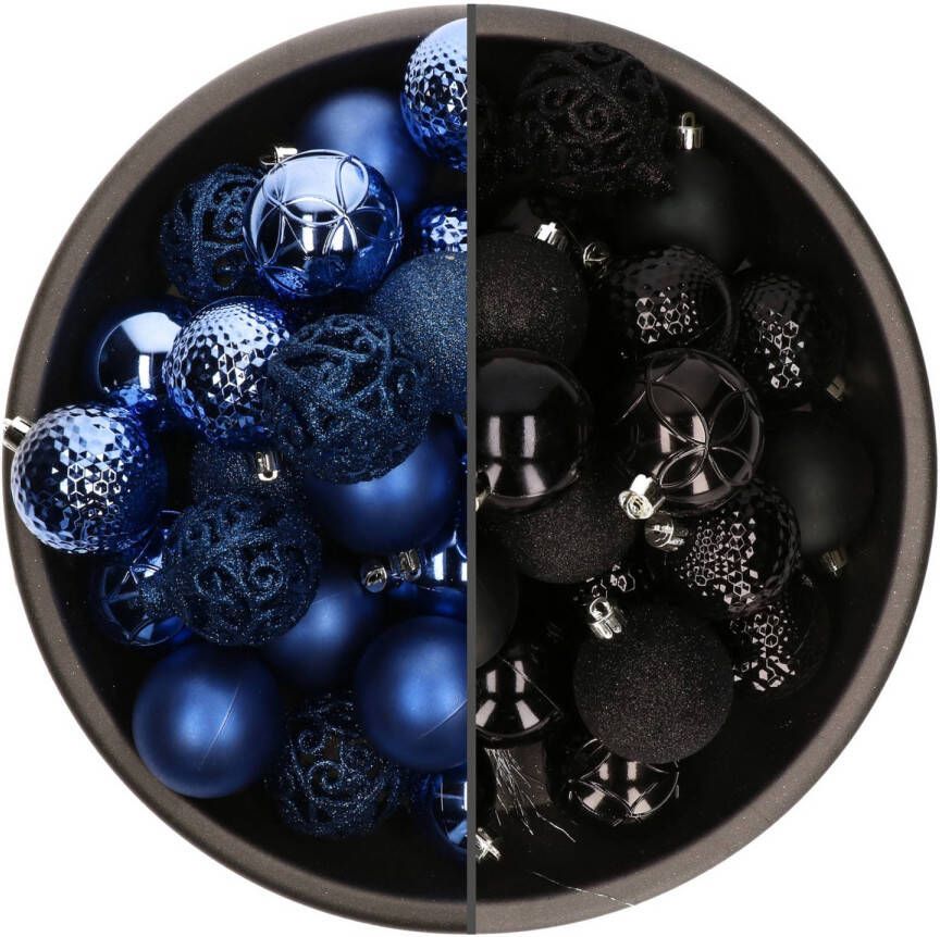 Bellatio Decorations 74x stuks kunststof kerstballen mix zwart en kobalt blauw 6 cm Kerstbal