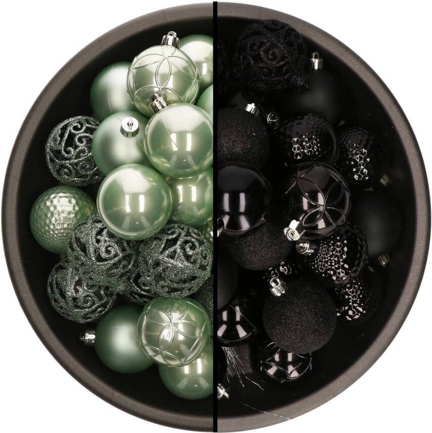 Bellatio Decorations 74x stuks kunststof kerstballen mix zwart en mintgroen 6 cm Kerstbal