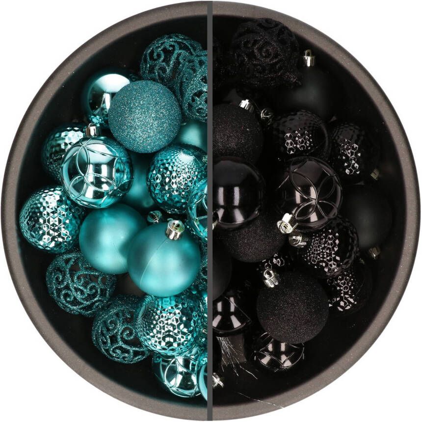 Bellatio Decorations 74x stuks kunststof kerstballen mix zwart en turquoise blauw 6 cm Kerstbal
