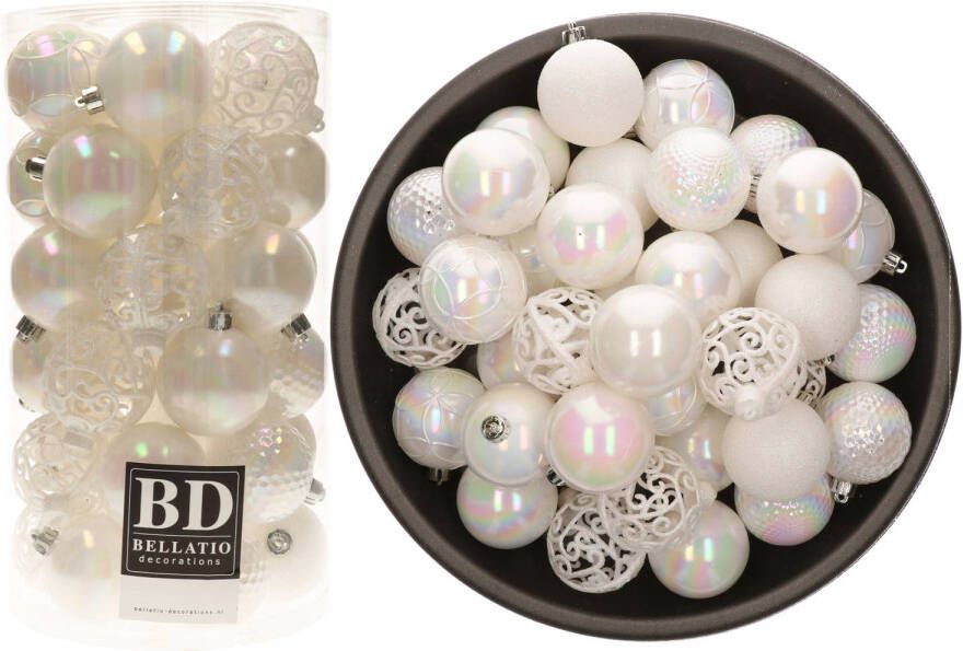 Bellatio Decorations 74x stuks kunststof kerstballen parelmoer wit 6 cm glans mat glitter mix Kerstbal