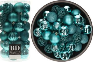 Bellatio Decorations 74x stuks kunststof kerstballen turquoise blauw 6 cm glans mat glitter mix Kerstbal