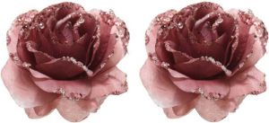 Merkloos 8x Oud roze decoratie bloemen rozen op clip 14 cm Kerstversiering woondeco knutsel hobby bloemetjes roosjes Kunstbloemen