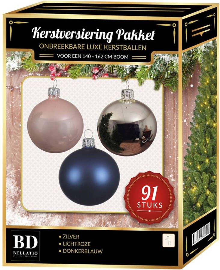 Bellatio Decorations Zilvere donkerblauwe lichtroze kerstballen pakket 91-delig voor 150 cm boom Kerstbal