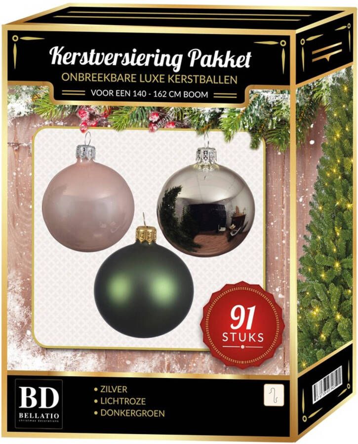 Bellatio Decorations Zilvere donkergroene lichtroze kerstballen pakket 91-delig voor 150 cm boom Kerstbal