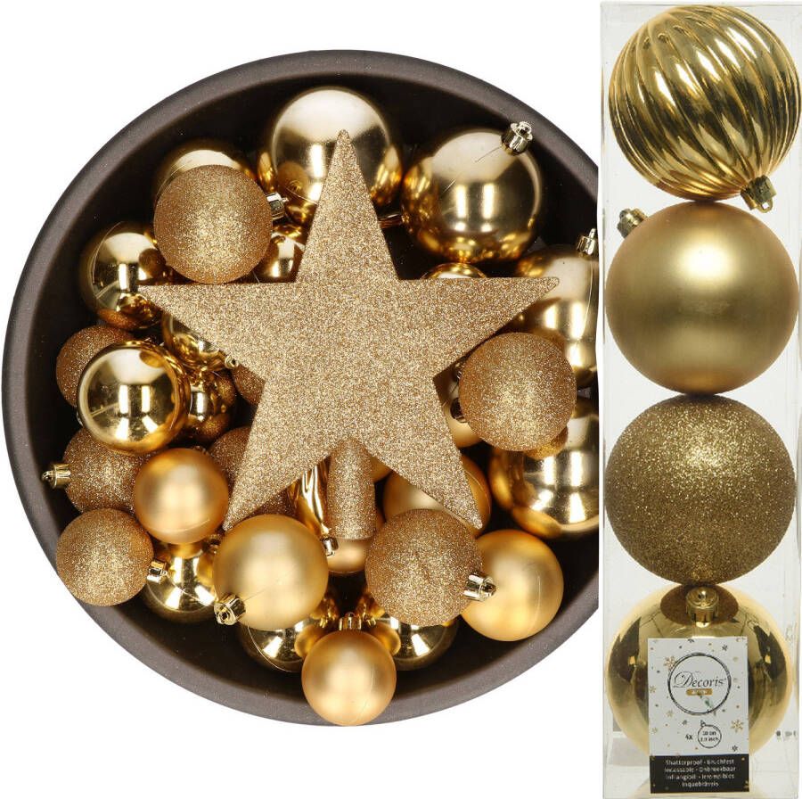 Bellatio Decorations Decoris kerstballen 37x stuks goud 5-6-8-10 cm met ster piek kunststof Kerstbal