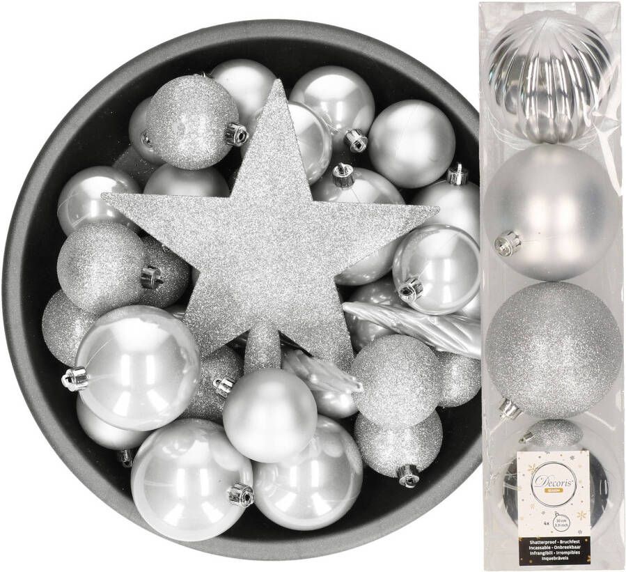 Bellatio Decorations Decoris kerstballen 37x stuks zilver 5-6-8-10 cm met ster piek kunststof Kerstbal