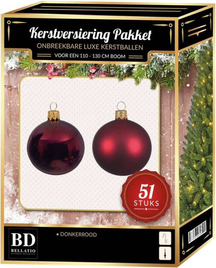 Bellatio Decorations Donkerrode kerstballen pakket 51-delig voor 120 cm boom Kerstbal