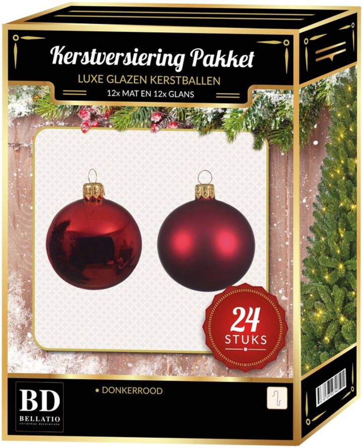 Bellatio Decorations 24 Stuks mix glazen Kerstballen pakket donkerrood 6 en 8 cm Kerstbal