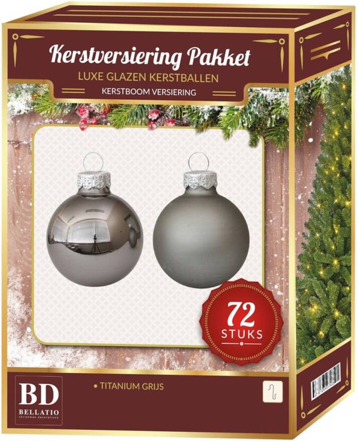 Bellatio Decorations Titanium grijze kerstballen pakket 72-delig Christmas Titan Grey Glass Kerstbal