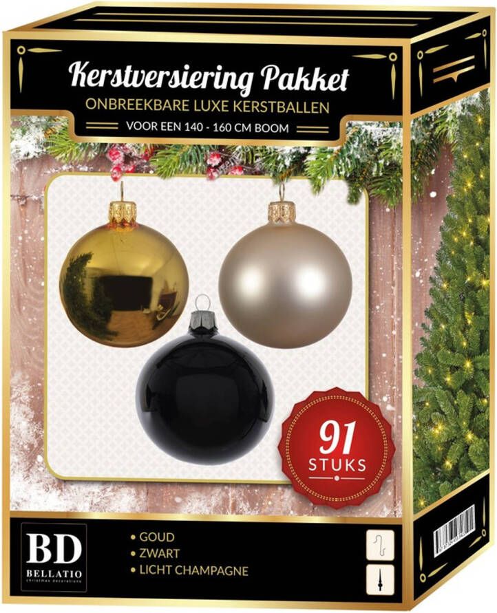 Bellatio Decorations Gouden champagne zwarte kerstballen pakket 91-delig voor 150 cm boom Kerstbal