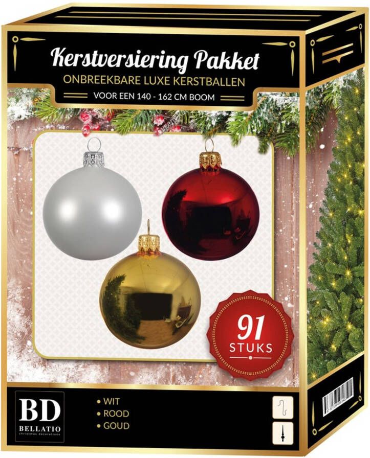 Bellatio Decorations Gouden witte kerstrode kerstballen pakket 91-delig voor 150 cm boom Kerstbal