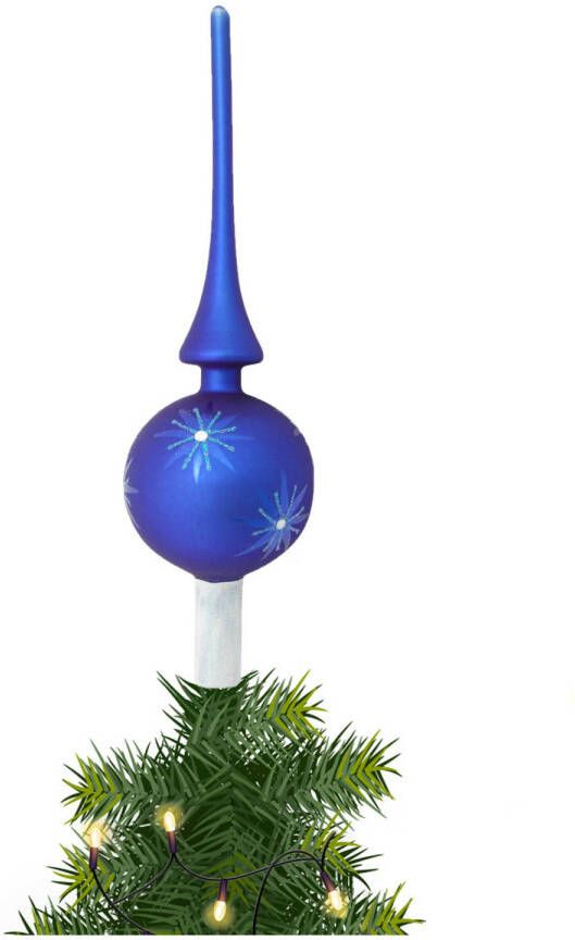 Merkloos Kerst piek van glas mat blauw gedecoreerd H28 cm kerstboompieken