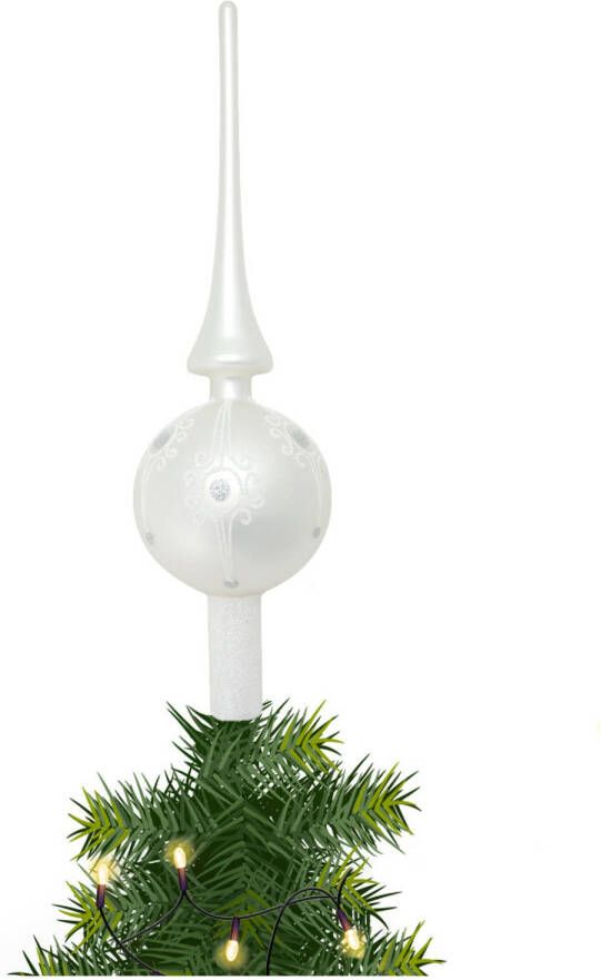 Merkloos Kerst piek van glas mat wit gedecoreerd H28 cm kerstboompieken